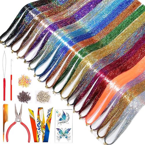 Celinabella 18 Colors Hair Tinsel Kit with Tools, 47 Inch Heat Resistant Reusable Sparkle Hair Extensions for Festivals, Weddings, Halloween & Daily Wear