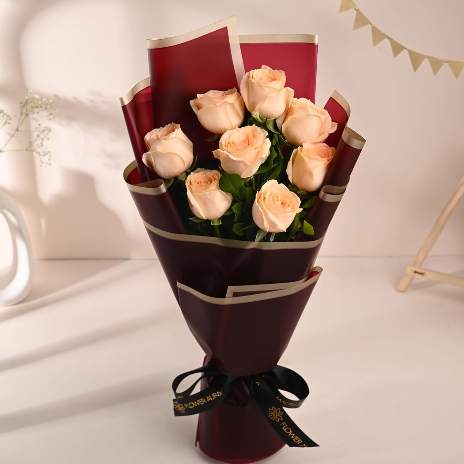 Premium Peach Rose Bouquet | 9 Fresh Peach Roses Hand-Tied with Luxury Wrapping | Elegant Flower Bouquet for Birthday, Anniversary, Wedding, Congratulations & Special Occasions-image-18