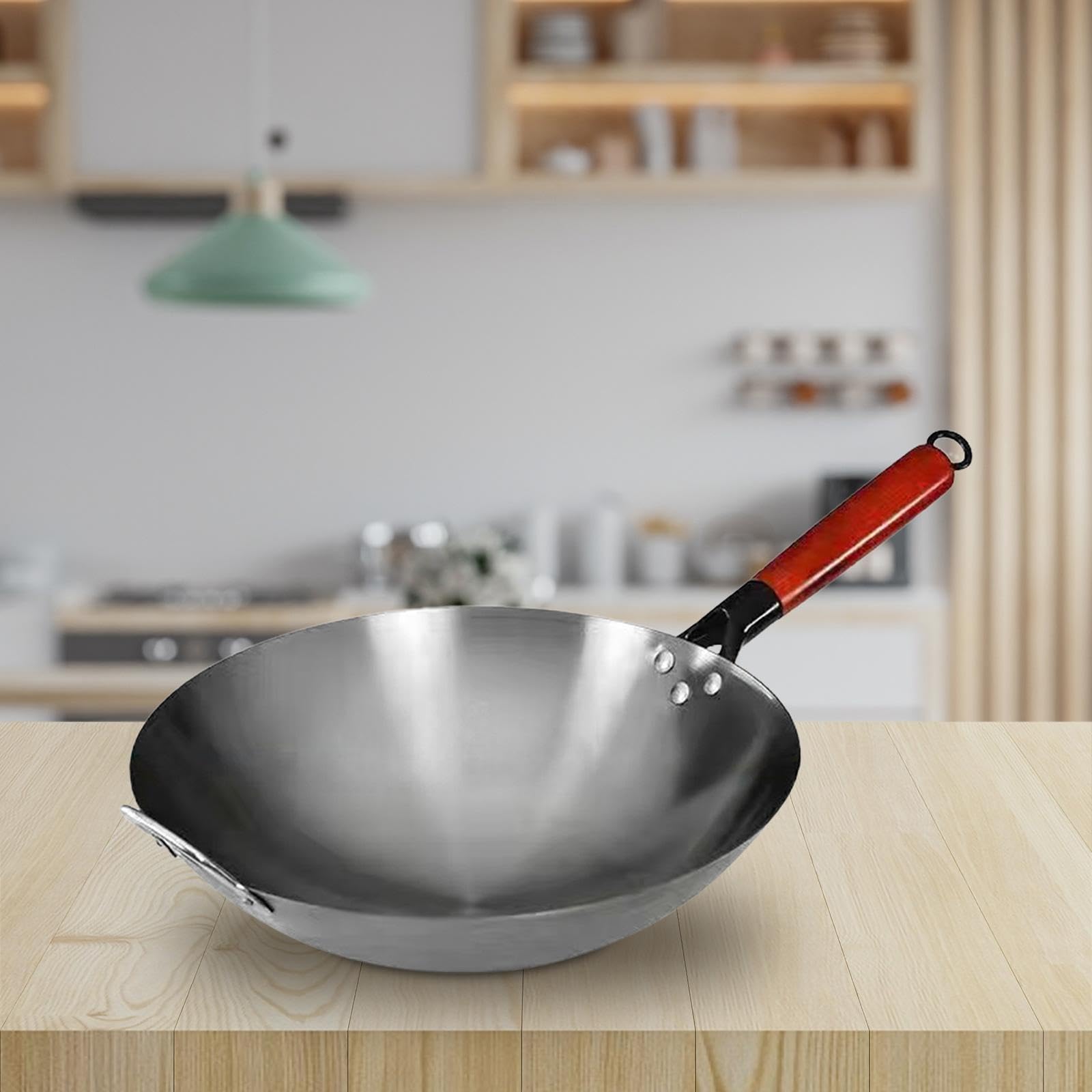 Padella Wok Wok a Fondo Tondo Wok per Cottura Generale con Manico in Legno Cucina a Gas a Induzione Cottura Wok Cinese Padella Antiaderente, 40 Cm