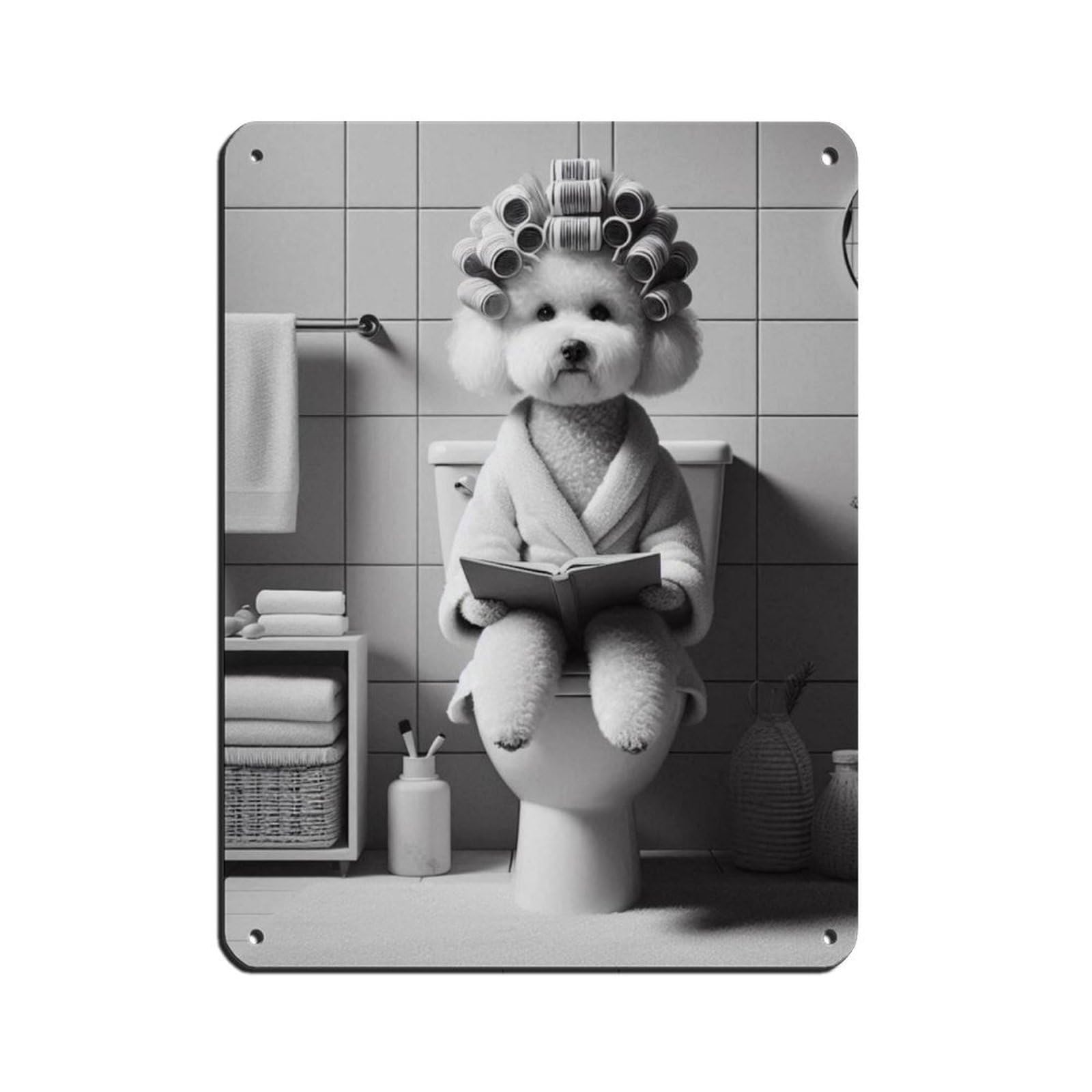 Bichon Frise on Toilet Reading Book Tin Sign Vintage Metal Pub Club Cafe Bar Home Wall Art Decoration Poster Retro 12x16inch(30x40cm)