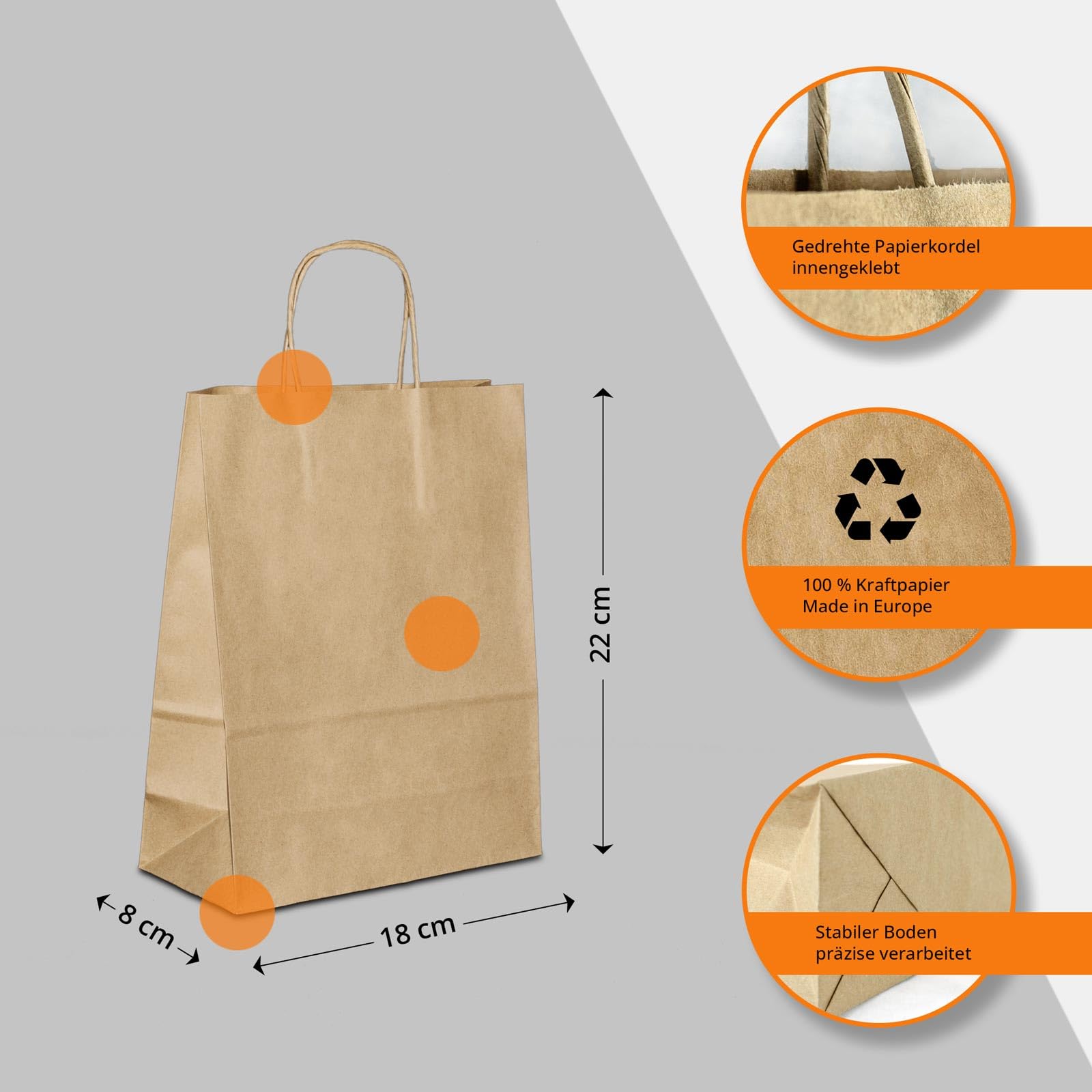 Papiertüten braun mit Kordel-Henkel I 300 Stk. 18+08x22cm I Papiertragetasche für Einzelhandel, Hochzeit, Geburtstag, TO-GO I Geschenktüten aus Kraftpapier I HUTNER
