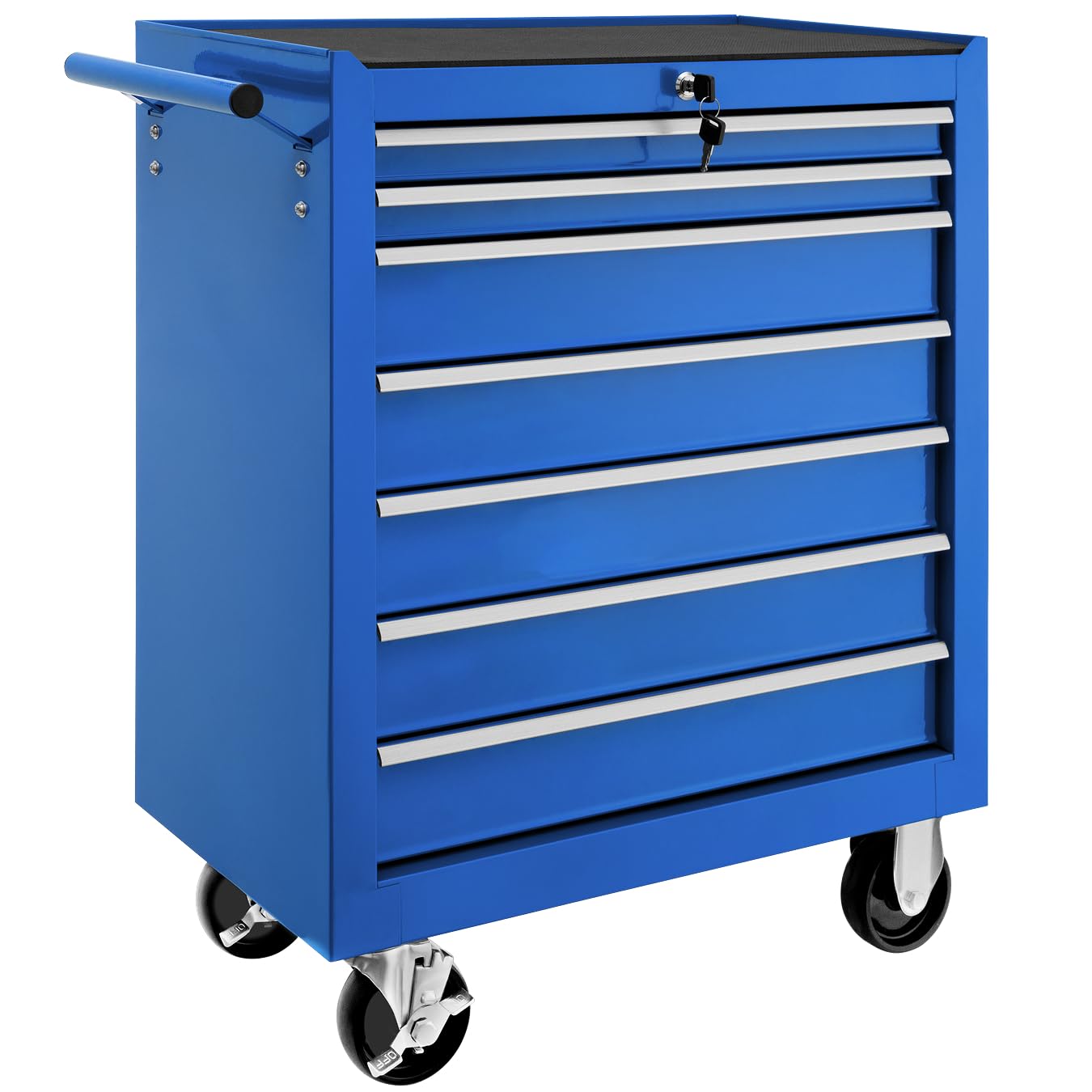 tectake Werkzeugwagen, Werkstattwagen, rollende Werkstatt, Werkzeugwagen leer, Werkzeugbox, 7 Schubfächer, 69 x 33 x 79 cm, Rollen mit Bremsen, inkl. 2 Schlüssel - blau