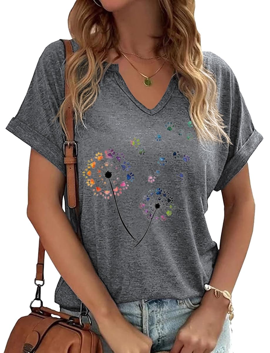 Earlymemb Womens Vintage Flowers V Neck Shirt Boho Floral Wildflowers Graphic Tee Casual Cottagecore Short Sleeve T Shirt