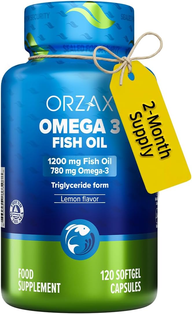 Fish Oil 1200 mg, EPA&DHA, Triglyceride Form Burpless Omega 3, Lemon Flavor, Supports Heart, Brain, Eyes, and Joints, 120 Softgels,60 Day Supply