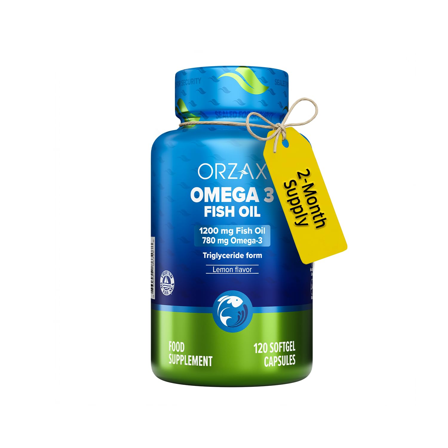 Fish Oil 1200 mg, EPA&DHA, Triglyceride Form Burpless Omega 3, Lemon Flavor, Supports Heart, Brain, Eyes, and Joints, 120 Softgels,60 Day Supply