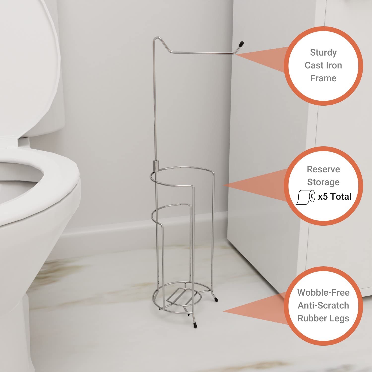Absolute Living Free Standing Toilet Paper Holder with Storage, Holds 5 Rolls Total, 24.5" Tall - Image 3