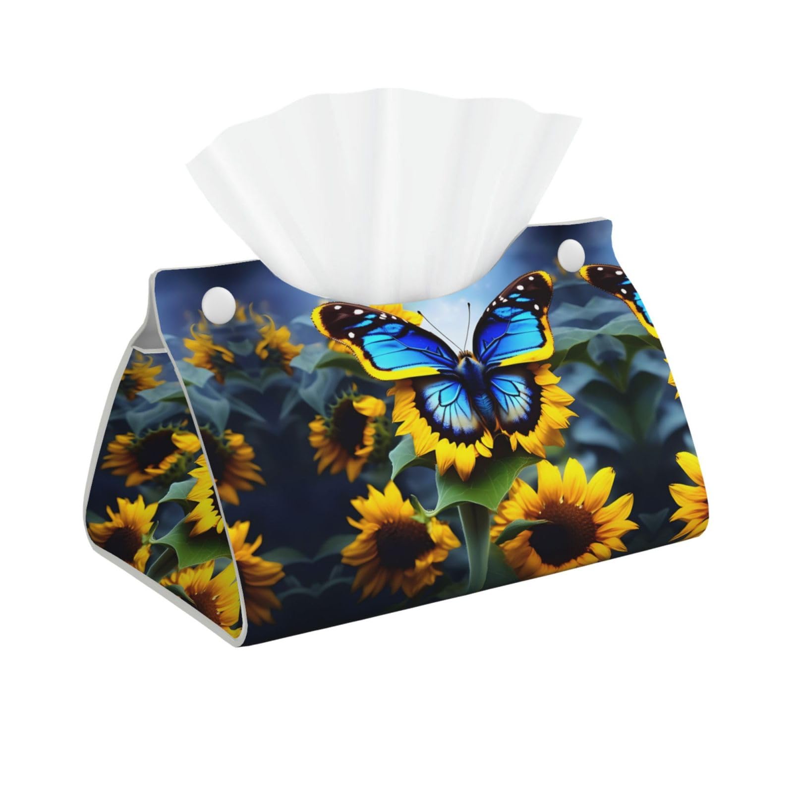 Sunflower Blue Butterfly Print Long Tissue Box Cover Holder – Foldable Leather Organizer for Vanity, Nightstand, Desk & Bathroom