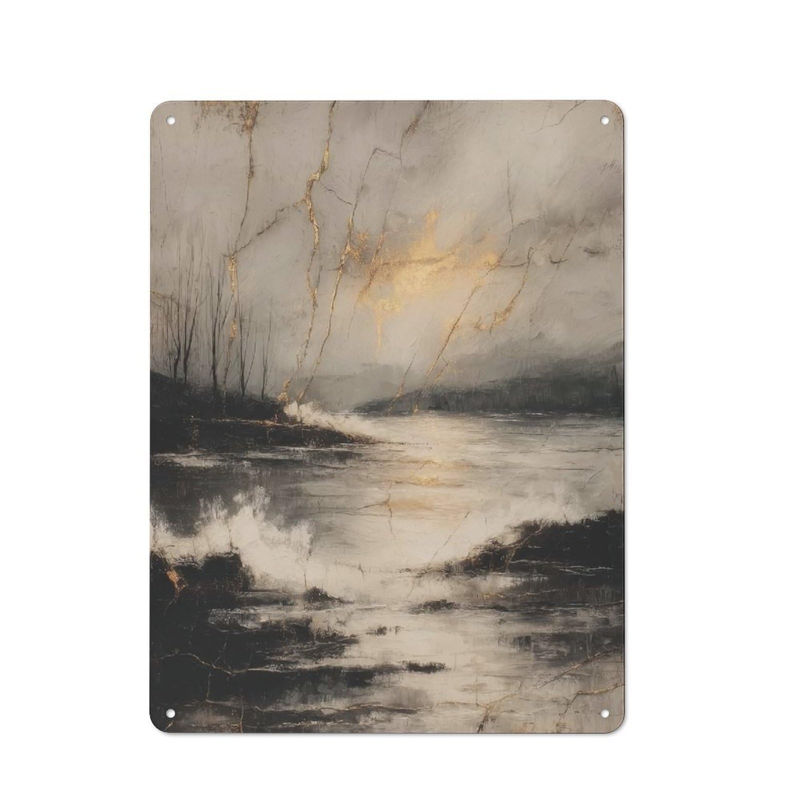 Junmoney Kintsugi Coastal Landscape In Gold Vintage Metal Plaque 40X30cm For Workshop Wall, For Kitchen And Home Bar Decor, For Home Office And Studio Walls