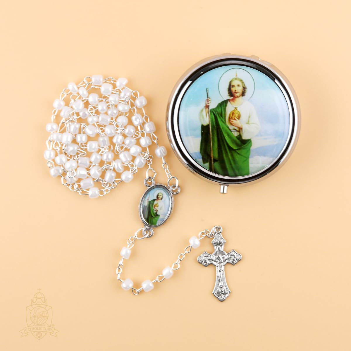 Catholic Town Rosary Necklace with St Jude Thaddeus center piece, Cross Crucifix and metallic box. (ROSMIRSJ-WHT)