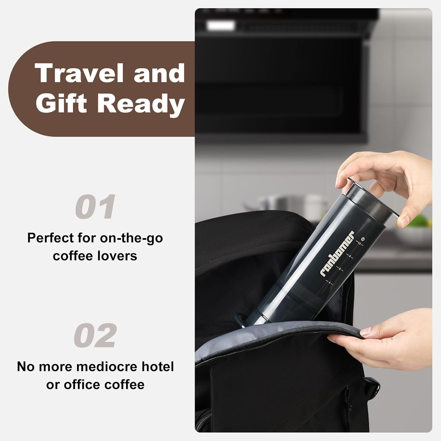 Ranbomer French Press Coffee Maker, 2-in-1 Single Serve K Cup Compatible, Portable Coffee Machine for Ground Coffee, Black, 10 Oz Capacity, for Camping, Travel