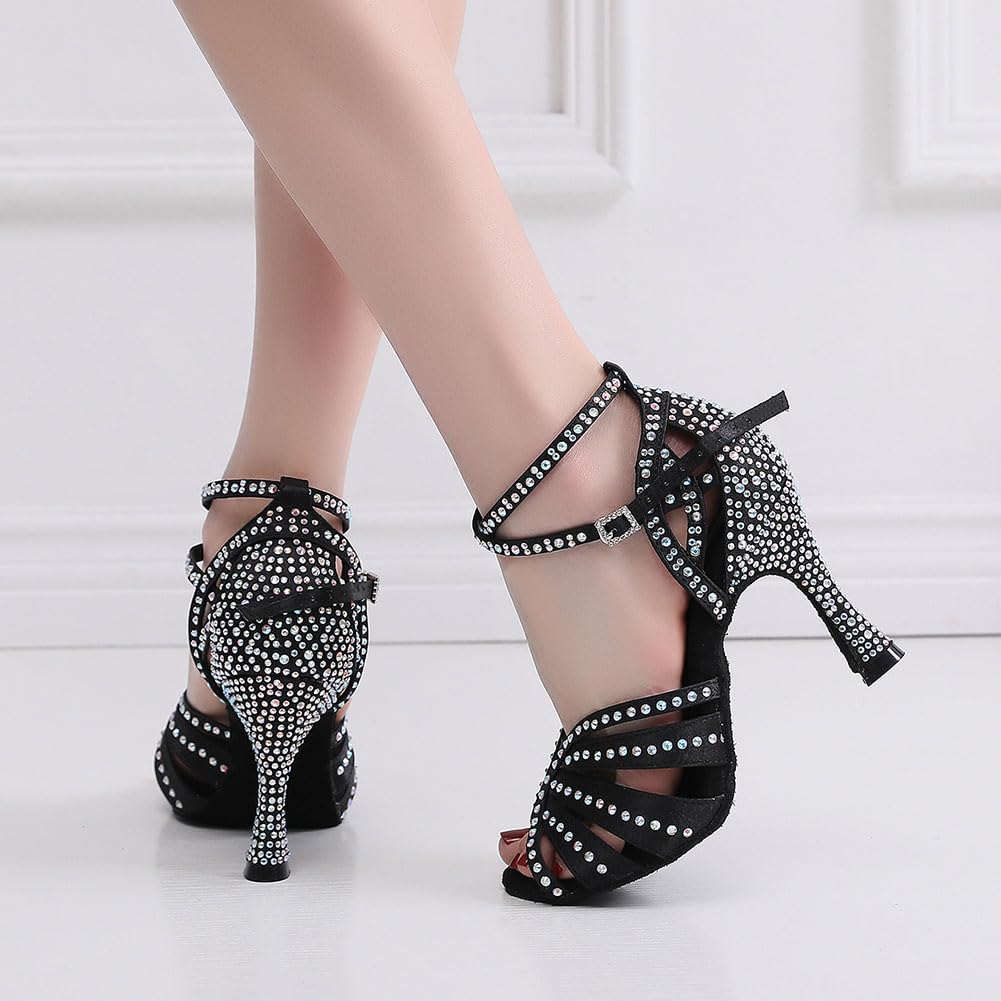 Damen Latin Tanzschuhe Strass mit Offener Spitze Ballsaal Salsa Chacha Social Performance Tanzschuhe