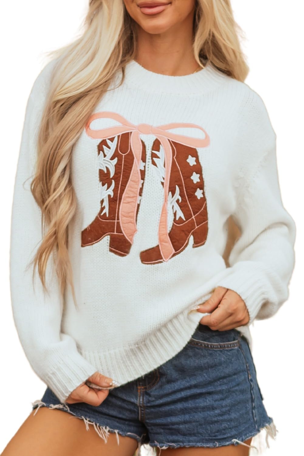 Apvirdy Womens Embroidered Bow Boots Graphic Sweater Loose Crewneck Drop Shoulder Western Sweater Ribbed Knit Pullover Tops