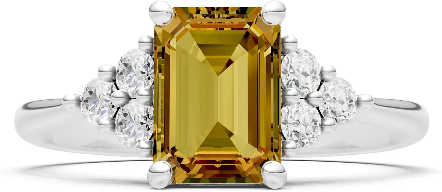 PEORA Emerald Cut Cut Citrine Solitaire Band Available in Solid 10K, 14K or 18K Ring – White, Yellow or Rose Gold