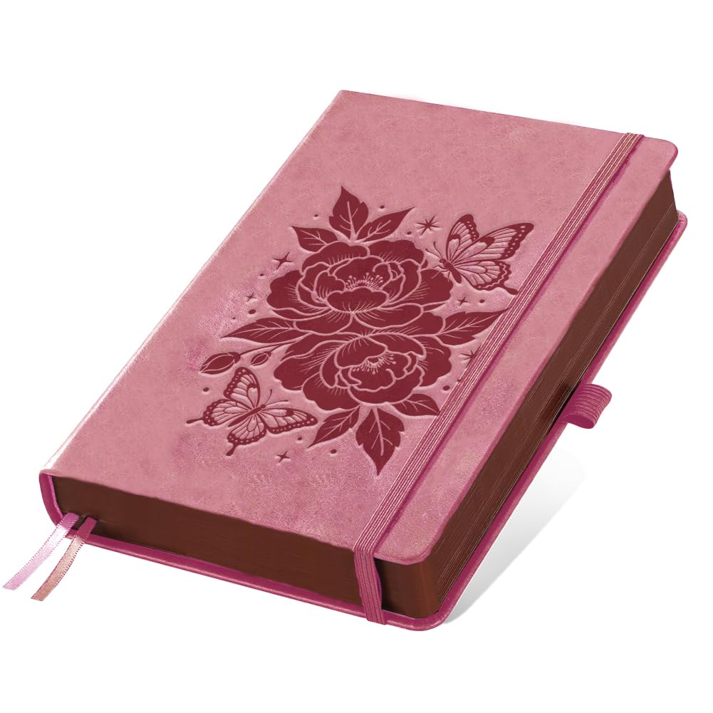 DOODLREAM A5 Peony Butterfly Embossed Leather Journal, 300 Pages Lined Notebook, Pink Floral Pattern Hardcover Notebook for Travel Diary, Business, Work and School Daily Writing