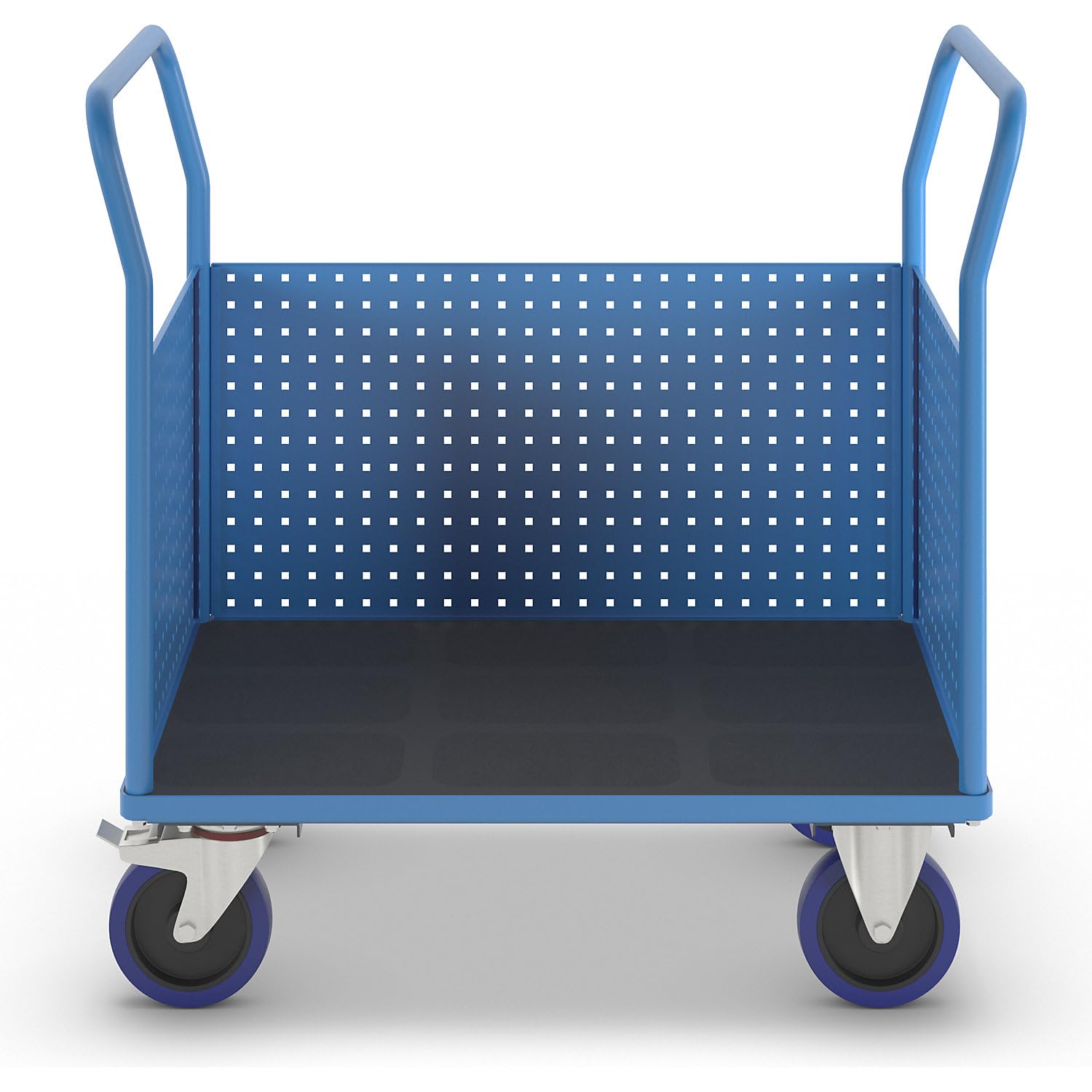 eurokraft pro | Plattformwagen | Mit 3 hohen Lochblechwänden, LxB 1050 x 700 mm, Vollelastik