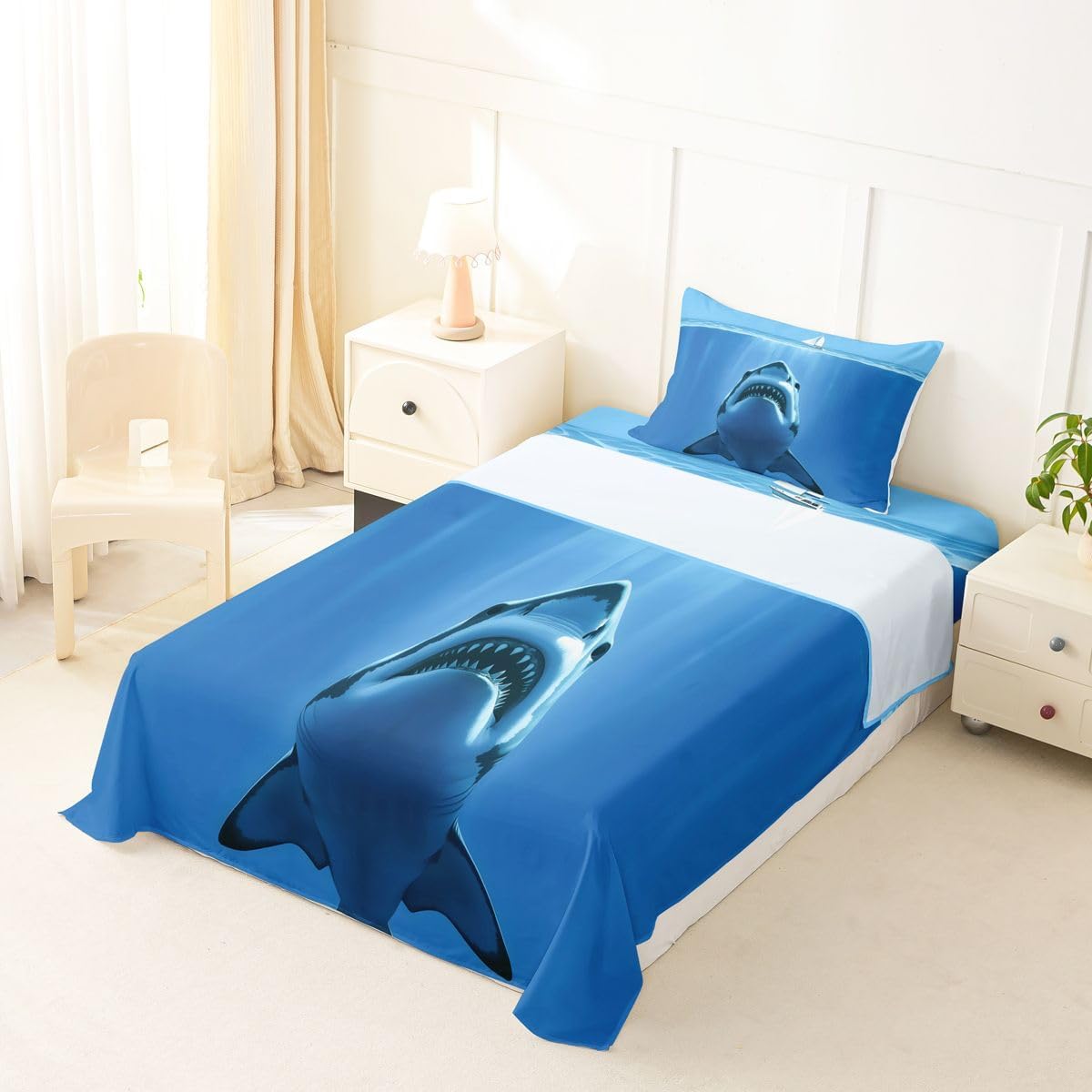 Erosebridal Cool Great White Shark Sheet Set Ocean Adventure Twin Sheets Set for Toddler Boys,Blue Sailboat Scene Nautical Themed Fitted Sheet