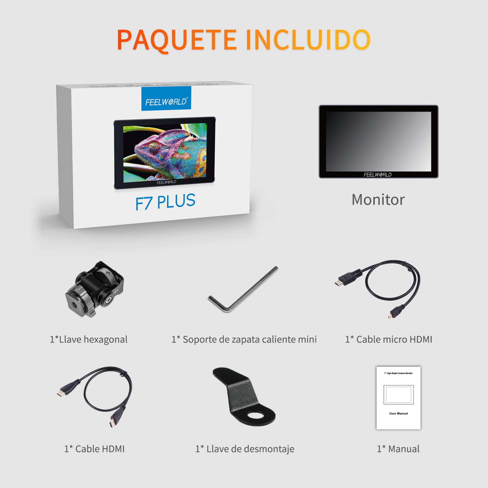 FEELWORLD F7 Plus Monitor de Campo para Cámara DSLR de 7 Pulgadas 1200nit Pantalla Táctil con 3D Lut F970 Alimentación Externa Kit de Instalación 1920x1200 4K 60Hz Entrada y Salida HDMI