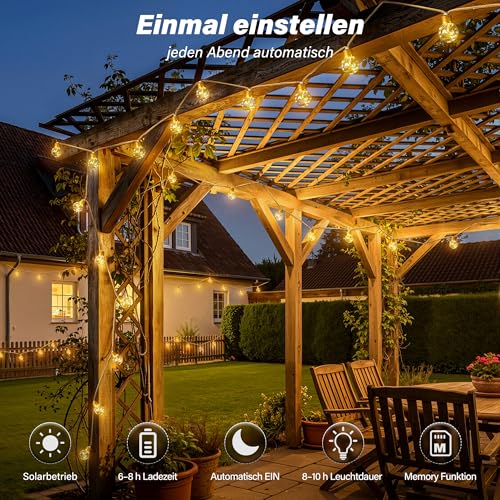 Ollny Solar Lichterkette Aussen, 16 LED Glühbirnen 8M, Lichterkette Außen Solar mit 8 Modi, Timer, Dimmbar & Memory Funktion, Wetterfest für Garten, Balkon Deko, Warmweiß