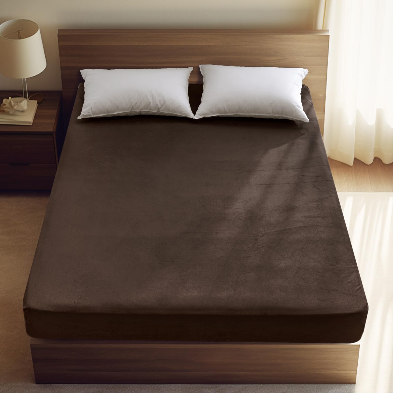 phf ultra soft velvet fitted sheet king size, 16" deep pocket with wider stronger elastic band, easy fit easy care, 1 pack cozy comfy flannel bottom sheet for all seasons, no pillowcases, dark brown