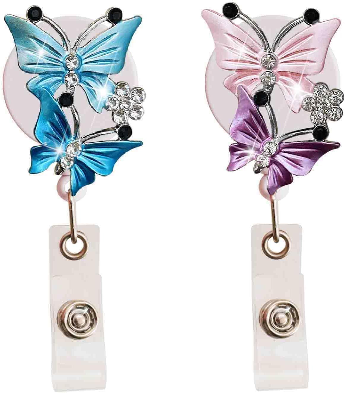 2 Pack Bling Butterfly Retractable ID Badge Holder Nurse Badge Reels with Clip, 24 inch Retractable Cord, Name Card Holders for Office Worker Doctor Girls Women