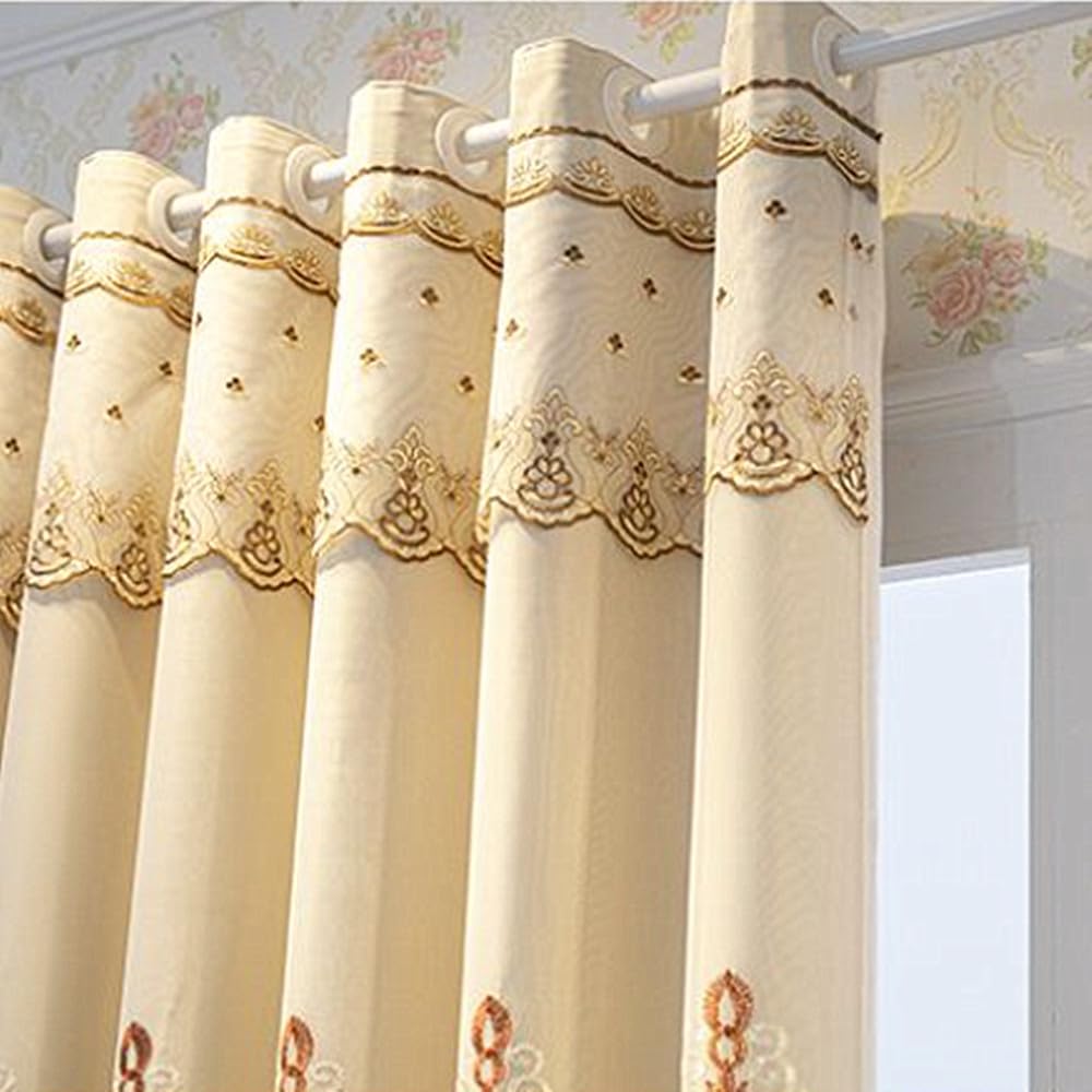 Amidoudou 1 Pair European Double Layer Curtains with Valance for Living Room Bedroom Luxury 3D Flower Embroidered Curtains (Beige,63x84 Inch)
