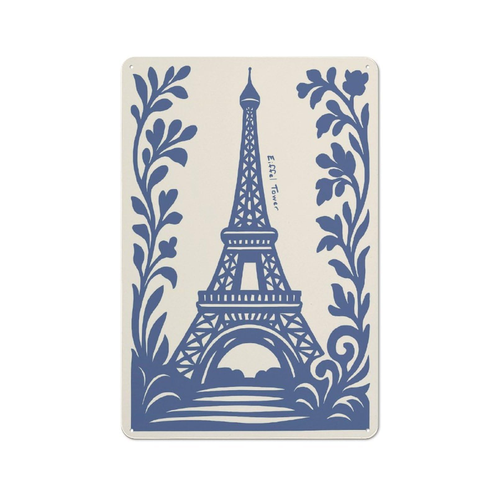 Junmoney Style Eiffel Tower Floral Illustration Retro- Tin Sign 30X20cm For Guest Room Or Hallway, A Christmas Gift For People Styling Guest Room And Hallway