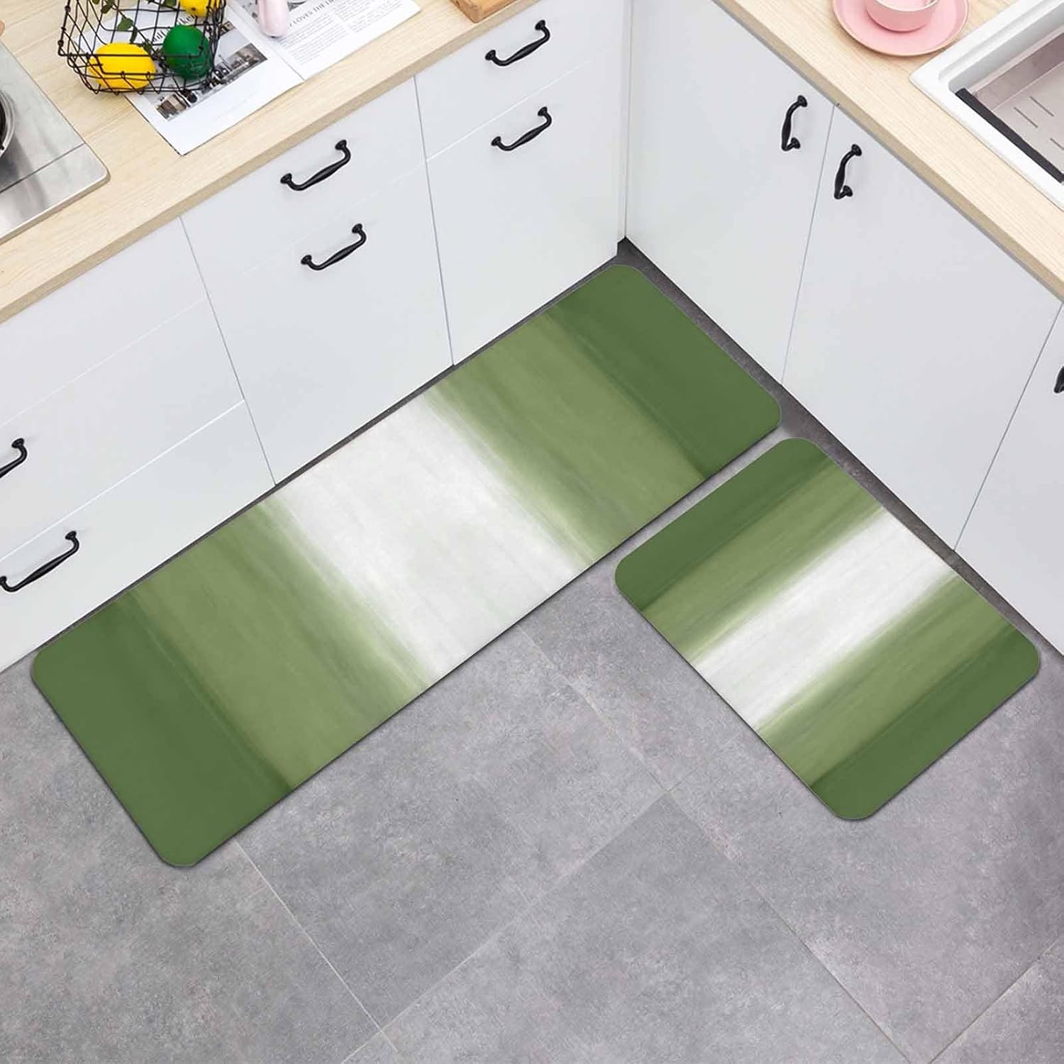 Green Ombre Kitchen Mat Set 2 Pieces Abstract Forest Green Ombre White Stripes Modern Non Slip Kitchen Rugs Washable Runner Rug Mats for Floor Sink Laundry Office 15.7" x 23.6"+15.7" x 47.2"