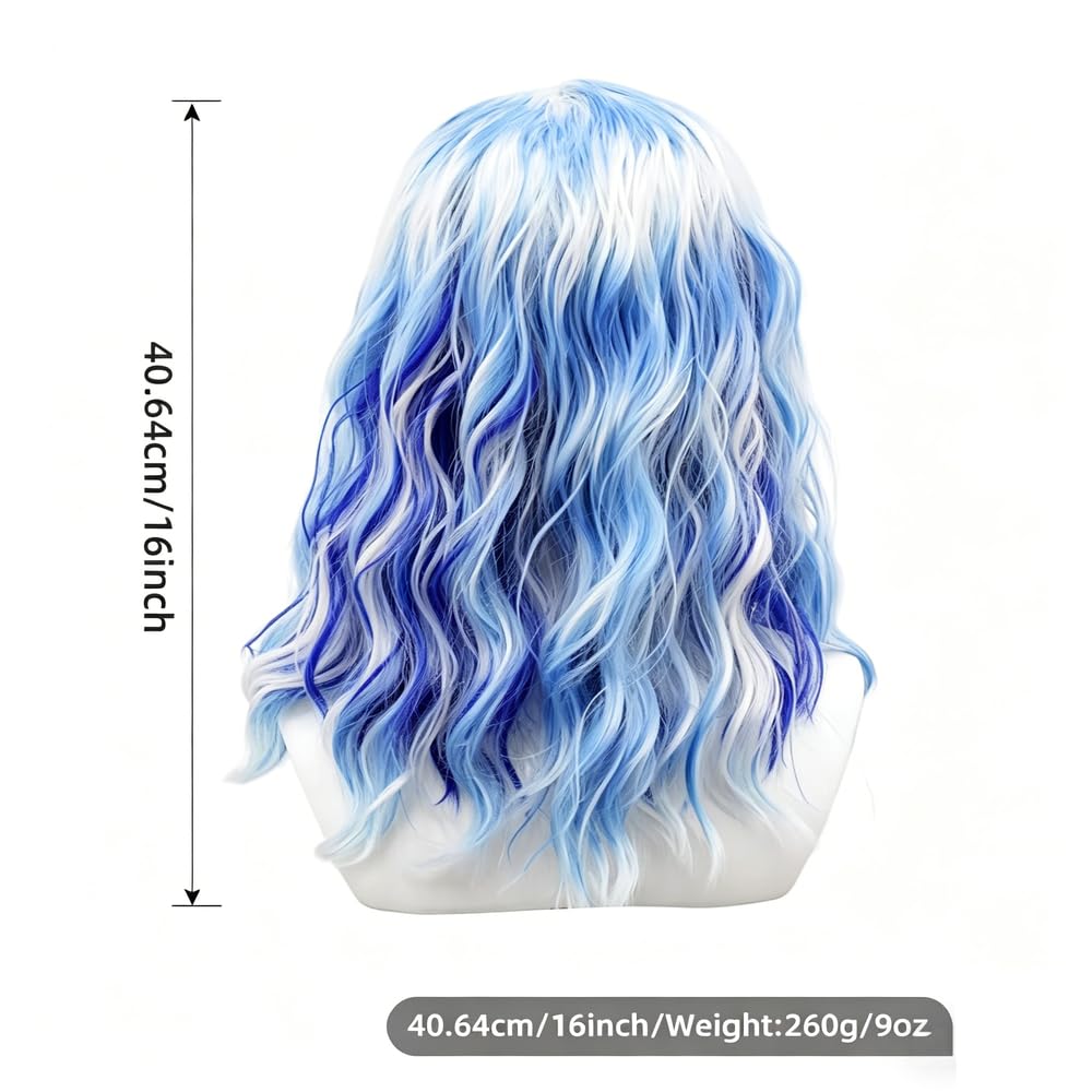 Haarpflege Blau-weiße Ombre-Perücke Lang Gewellt Mit Mehrfarbigen Strähnen Volle Ponyfaser Für Tägliche Cosplay-Party-Looks