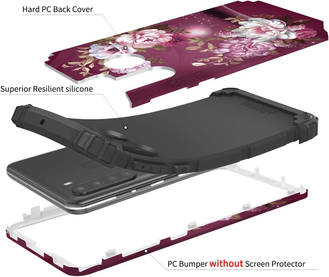 Hocase Galaxy A21 Case, Heavy Duty Shockproof Protection Hard Plastic Bumper+Soft Silicone Rubber Hybrid Protective Case for Samsung Galaxy A21 (SM-A215U) 2020 w/ 6.5" Display - Burgundy Flowers