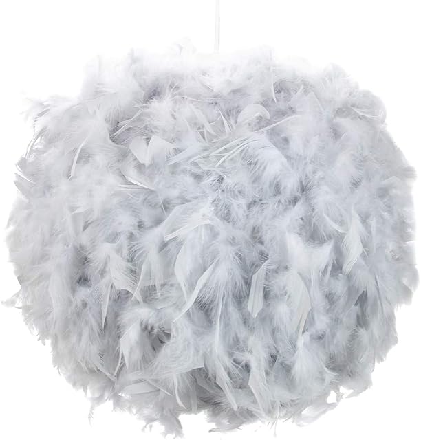 Contemporary and Unique Large Grey Real Feather Decorated Pendant Light Shade - 40cm Diameter & 40watt Maximum - Beautiful Statement Piece by Happy Homewares