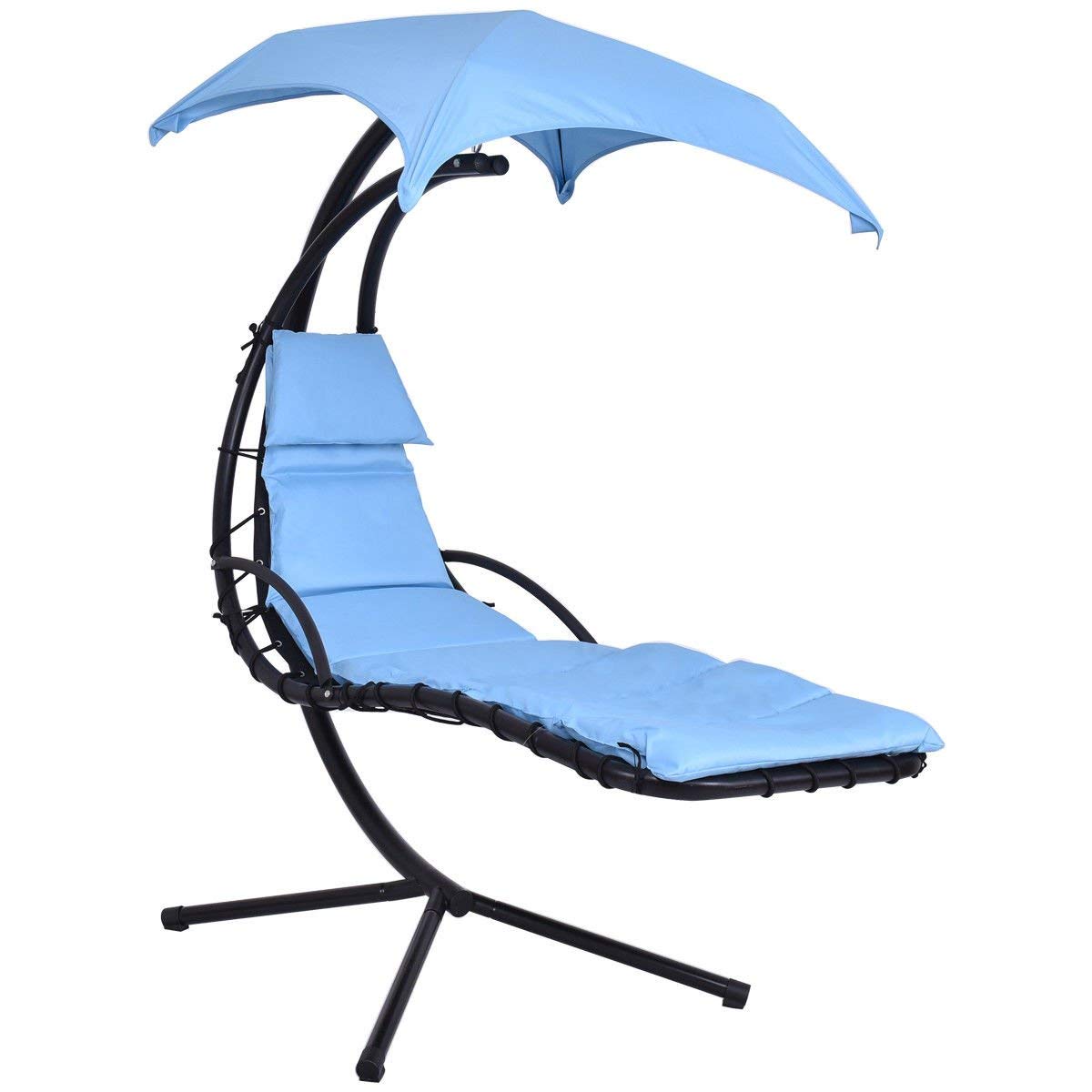 Giantex Hanging Chaise Lounger Chair Arc Stand Air Porch Swing Hammock Chair with Canopy Umbrella (Light Blue)