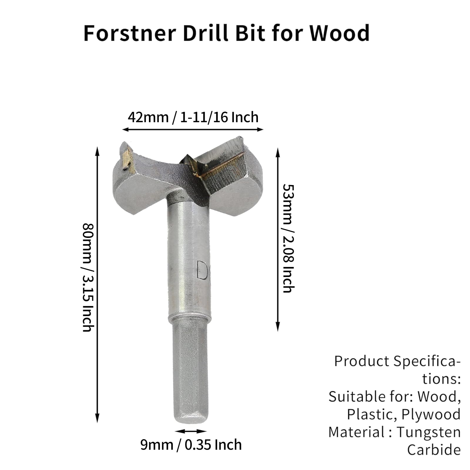 Cjueiom 42mm / 1-11/16 Inch Forstner Drill Bit, Tungsten Carbide Wood Bit for Hinge Holes Plywood, Plastic - Image 2