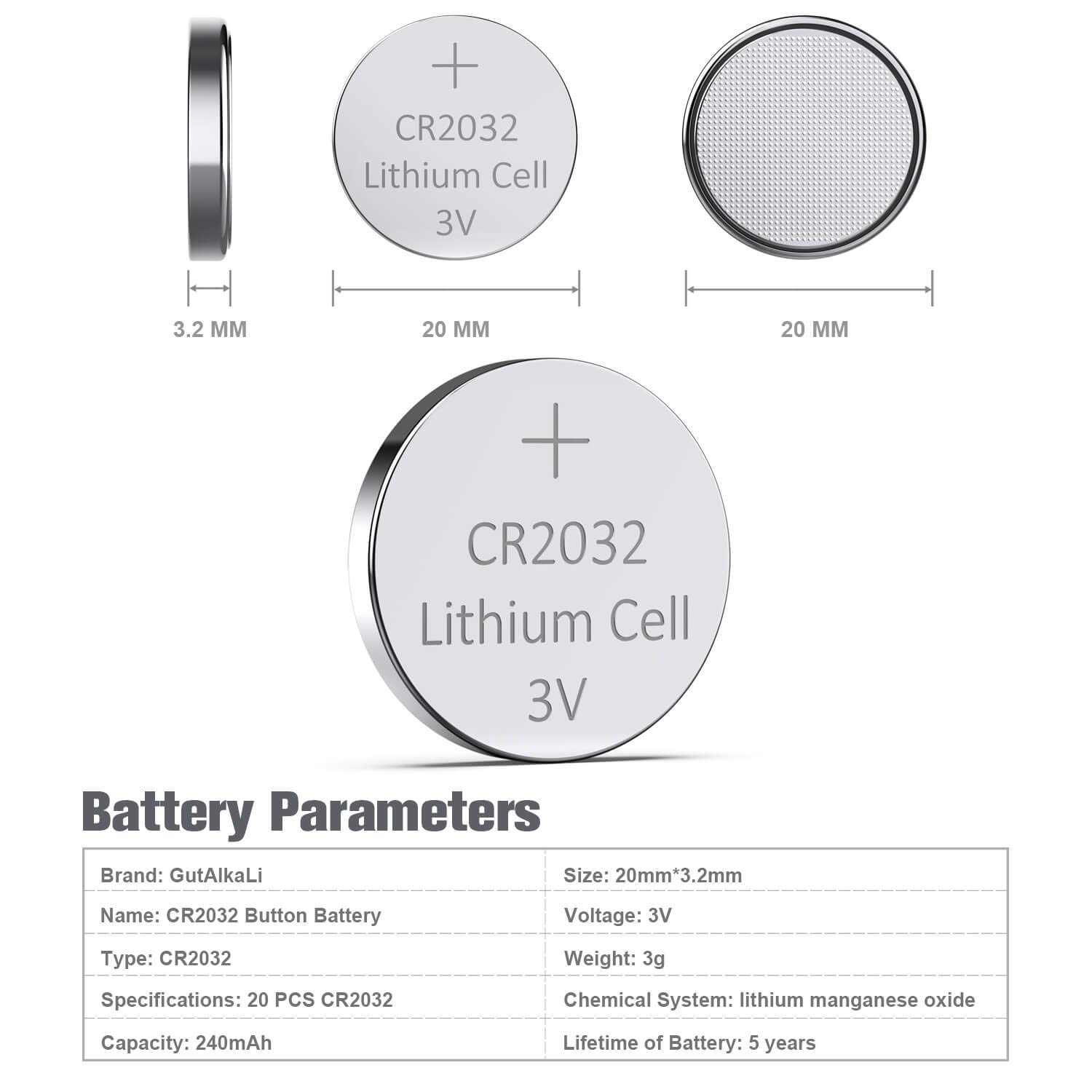 GutAlkaLi 20 Pack CR2032 Batteries - CR2032 3V Battery - CR 2032, 3 Volt Coin Battery