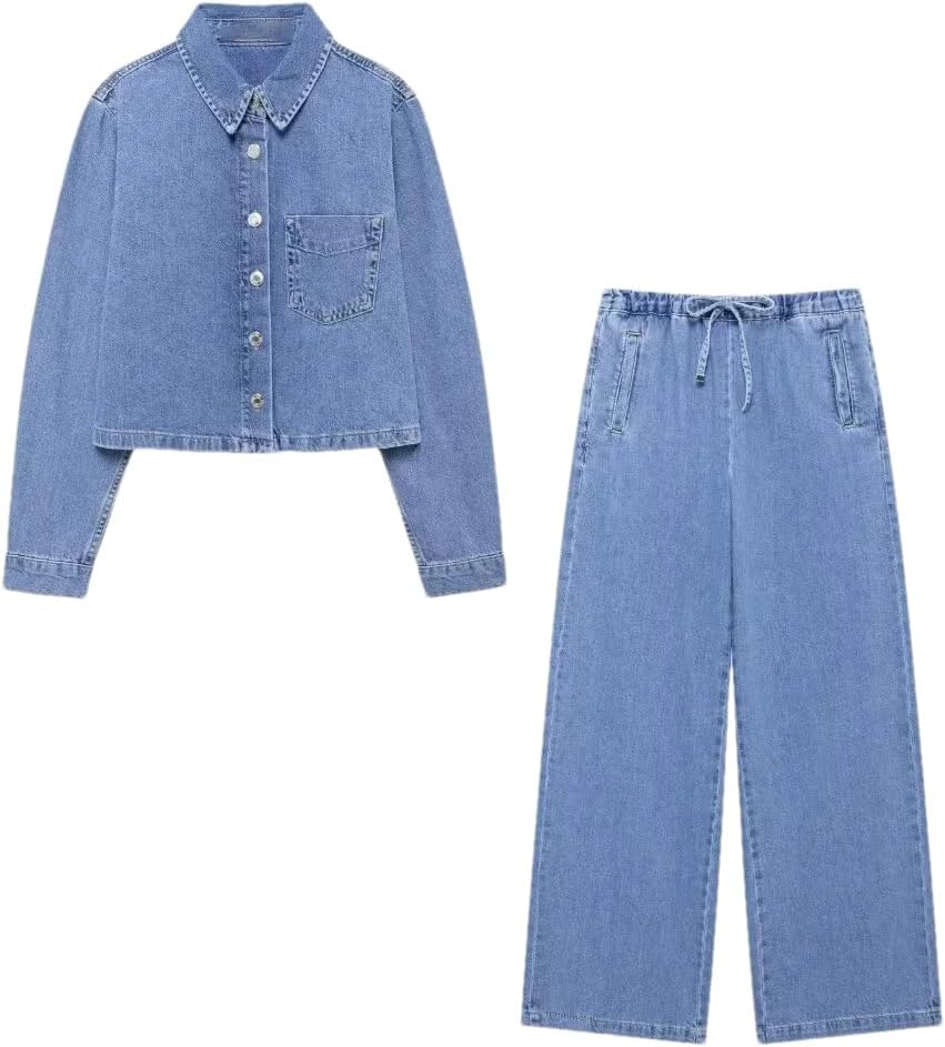 Womens Single Breasted Denim Shirt And Jogging Pants Set High Waist Casual Office Two Piece Outfit