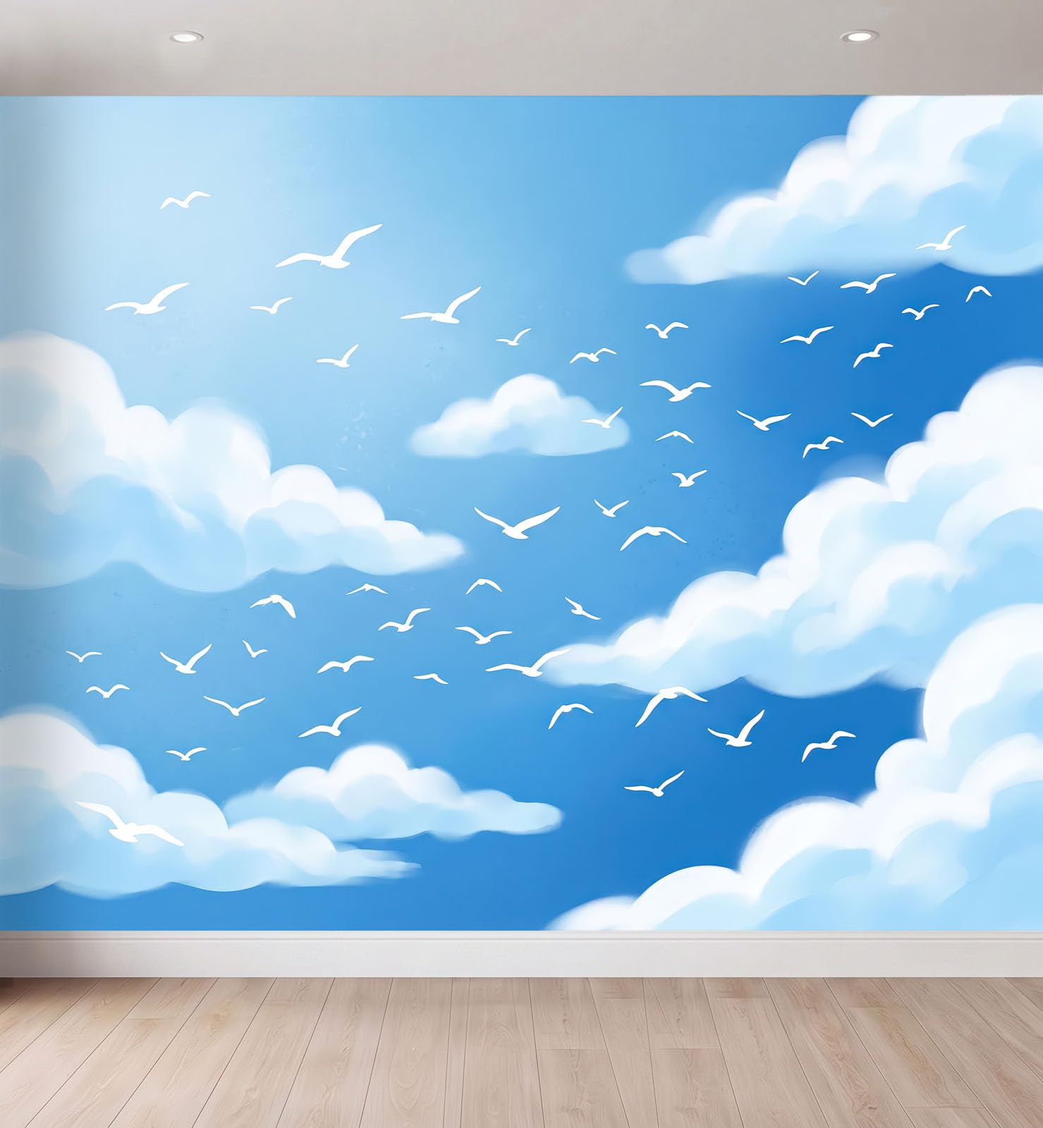 Fototapeta łazienkowa 79in x 55in / 200 x 140 cm (szer. x wys.), włóknina, wysokiej jakości, artystyczny nadruk, fototapeta, dekoracja, plakat, obraz, design, kosmos, mewy, chmury i błękitne niebo
