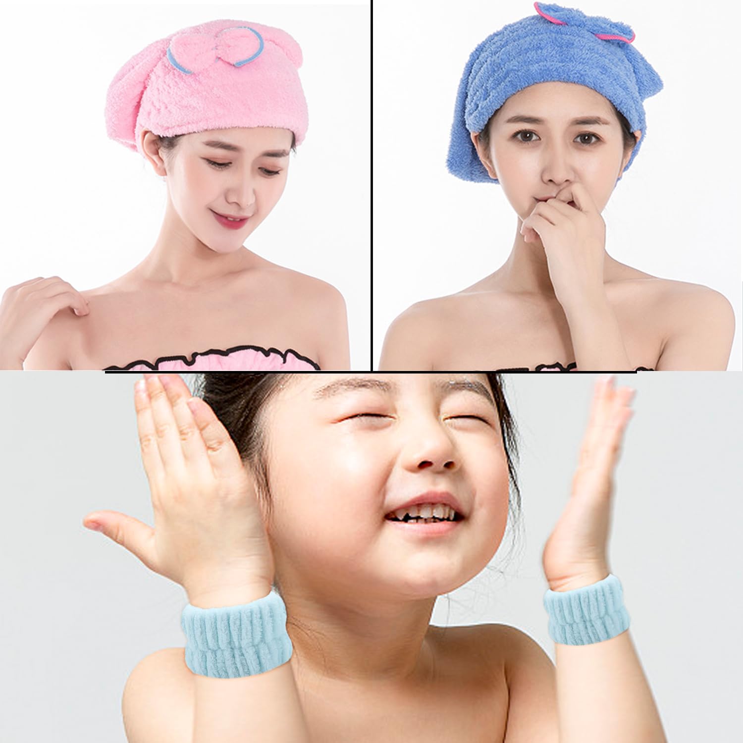 MEMOFYND 2 Asciugamani Per Capelli,2 Polsini Per Il Lavaggio Del Viso,Asciugamano Per Capelli In Microfibra,Cuffia Per Capelli Asciutti,Asciugamano Per Capelli Ad Asciugatura Rapida (Blu, Rosa)