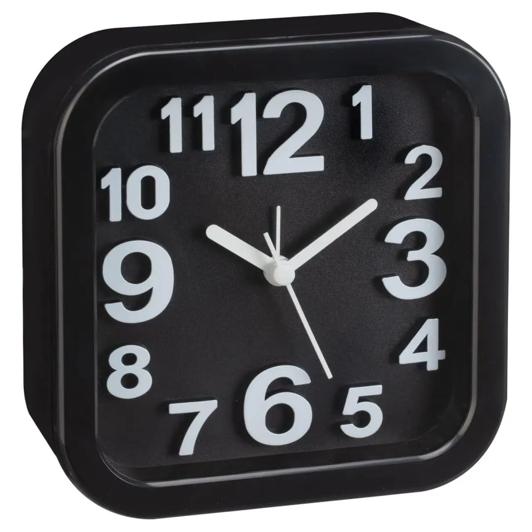 3D Number Alarm Clock Black – Square Analogue Bedside Clock with Large Easy-Read Numbers