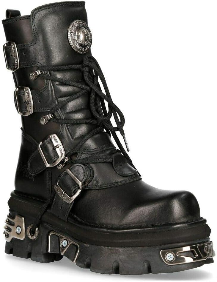 New Rock Unisex M.373-S4 Metallic Black 100% Leather Goth Biker Emo Fashion Reactor Boots