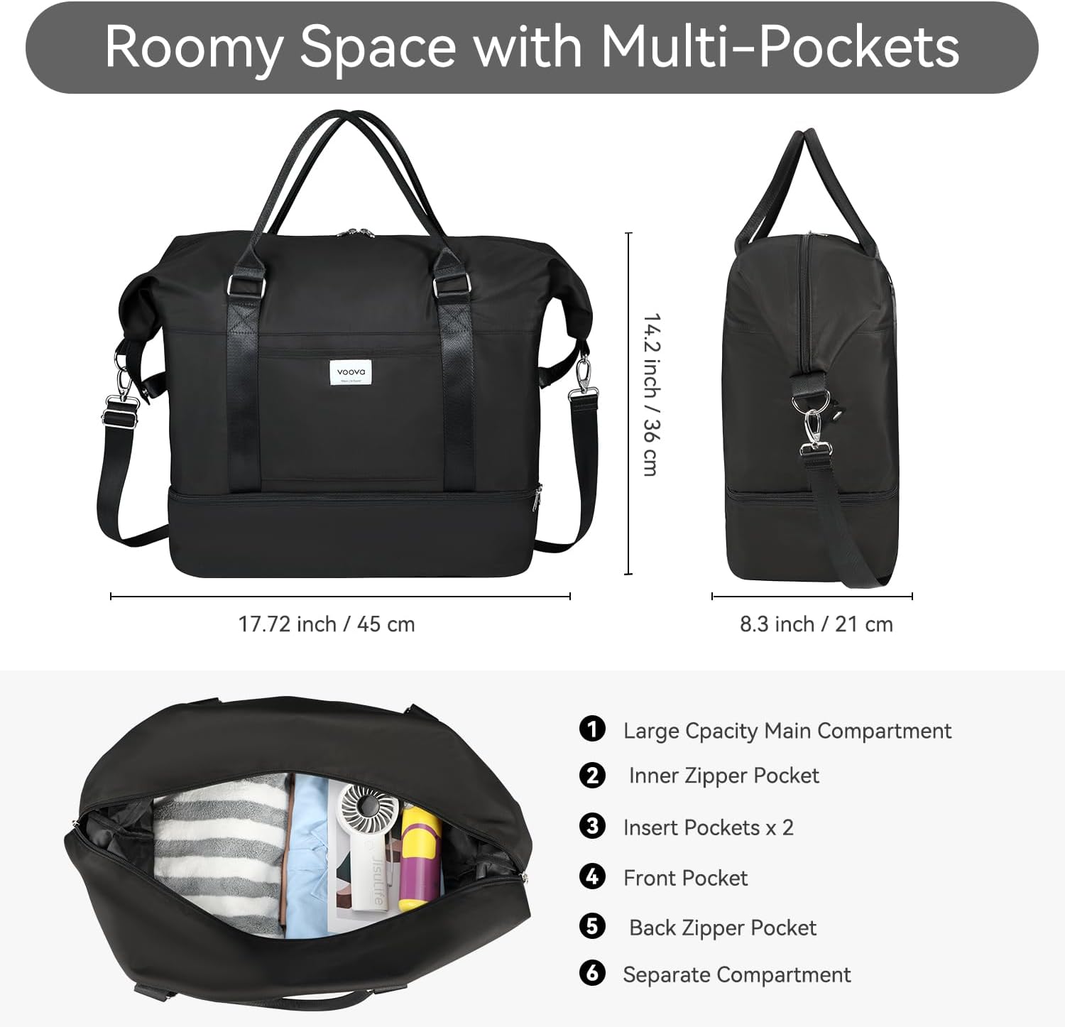 Voova Weekender Bags for Women, Large Travel Duffle Bag for Personal Item Travel with Shoes Compartment, Carry On Overnight Bag with Toiletry Bags 4 Pack Set for Men, Gym, Hospital, Yoga (Black)