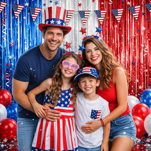 Image of Voircoloria 4 Pack Red White and Blue Foil Fringe Backdrop Curtains, Tinsel Streamers Party Decorations, Fringe Backdrop for Patriotic, Memorial Day, 4th of July, Independence Day