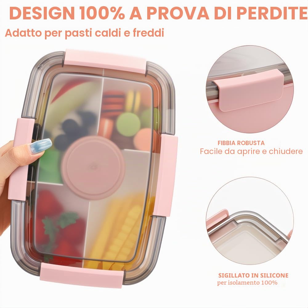 Bugucat Contenitore per il pranzo per adulti 2000ML 2 Set, Contenitore per il pranzo a prova di perdite Bento Box con scomparti per bambini, Contenitore per insalata con forchetta, Contenitore per la