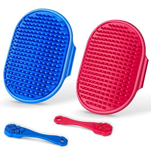 4PCS Dog Bath Brush | Scrubber for Bath | Shampoo Brush | Toothbrush | Finger Toothbrush | Dog Shower/Washing Brush with Adjustable Ring Handle - Pet Bath Supplies (Blue Red)