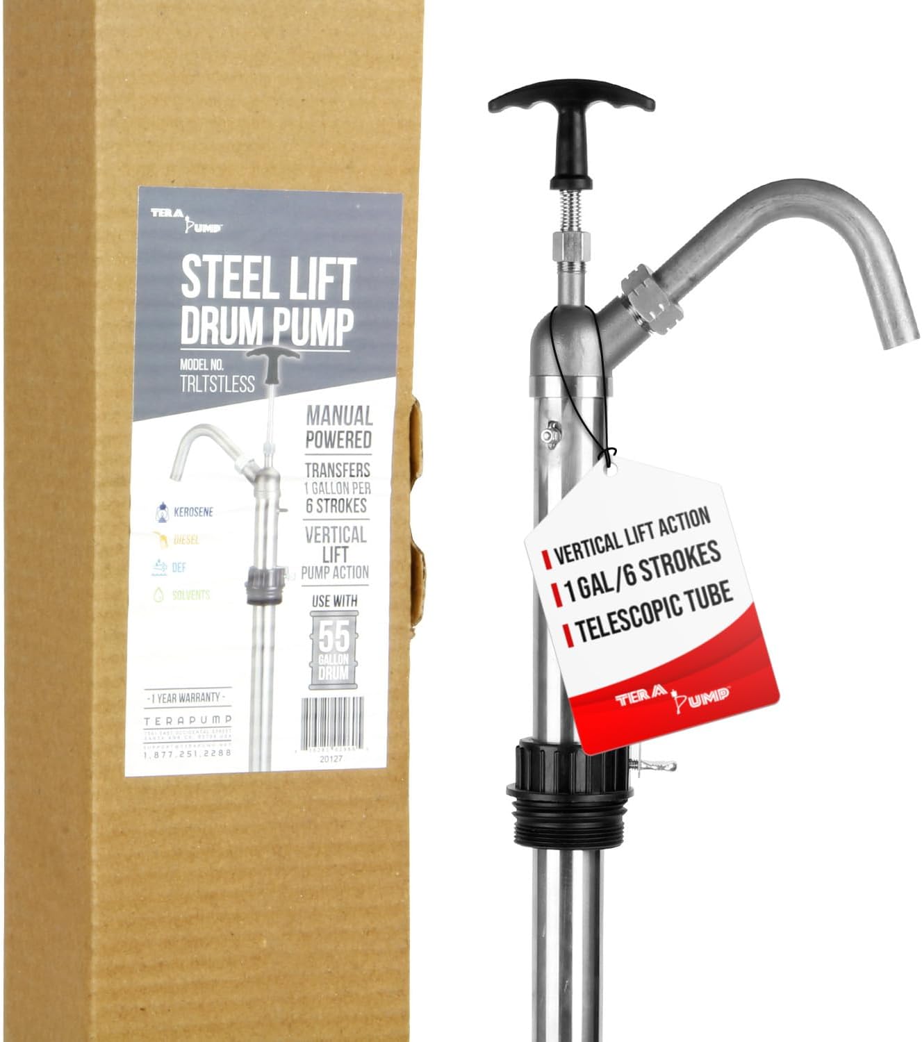 Vertical Lift 55 Gallon Drum Pump, 316 Self Priming Stainless Steel DEF Pump, Adjustable 2 inch Bung Adapters to fit 15-55 Gallon Drums, Great for Diesel, Kerosene, Solvents and more