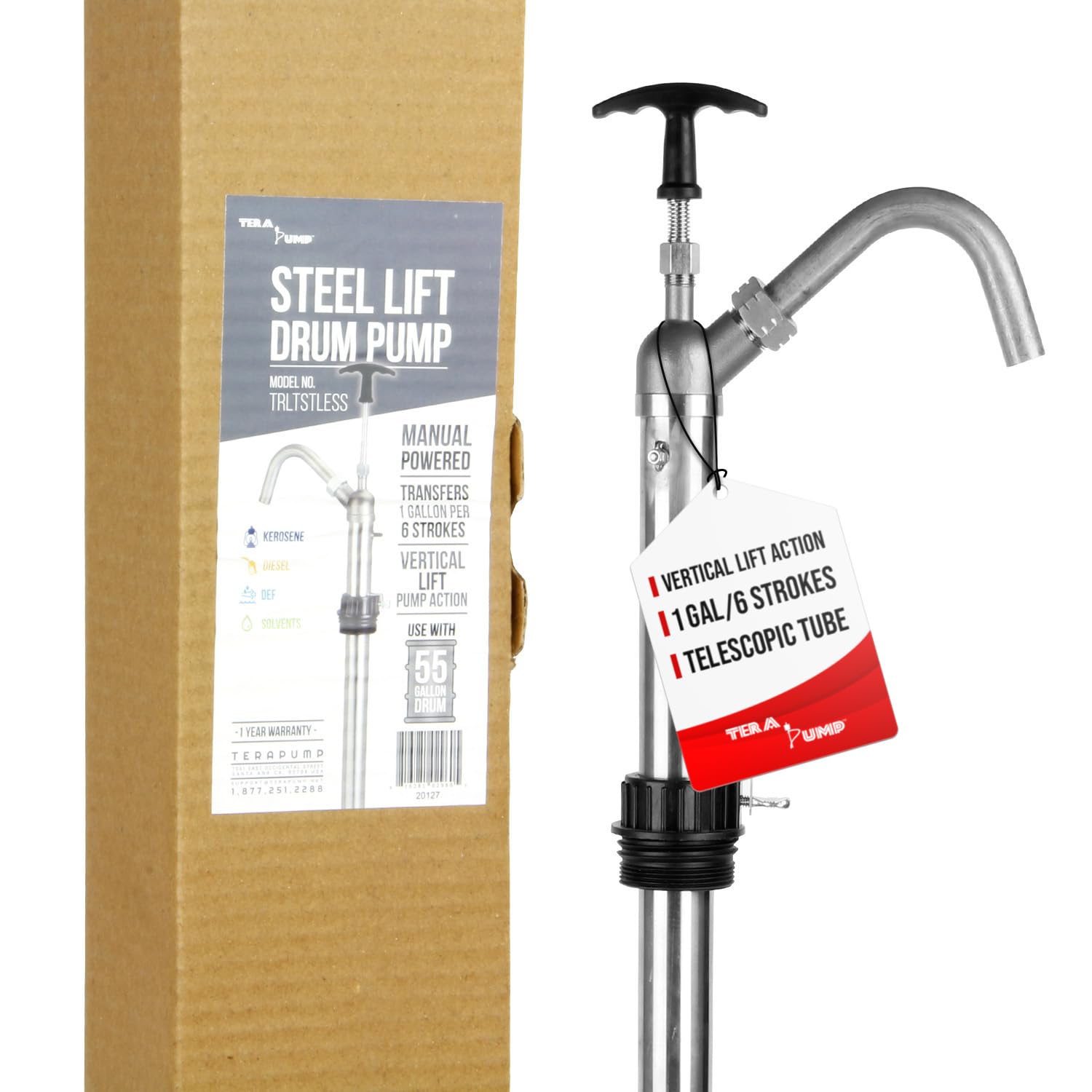 Vertical Lift 55 Gallon Drum Pump, 316 Self Priming Stainless Steel DEF Pump, Adjustable 2 inch Bung Adapters to fit 15-55 Gallon Drums, Great for Diesel, Kerosene, Solvents and more