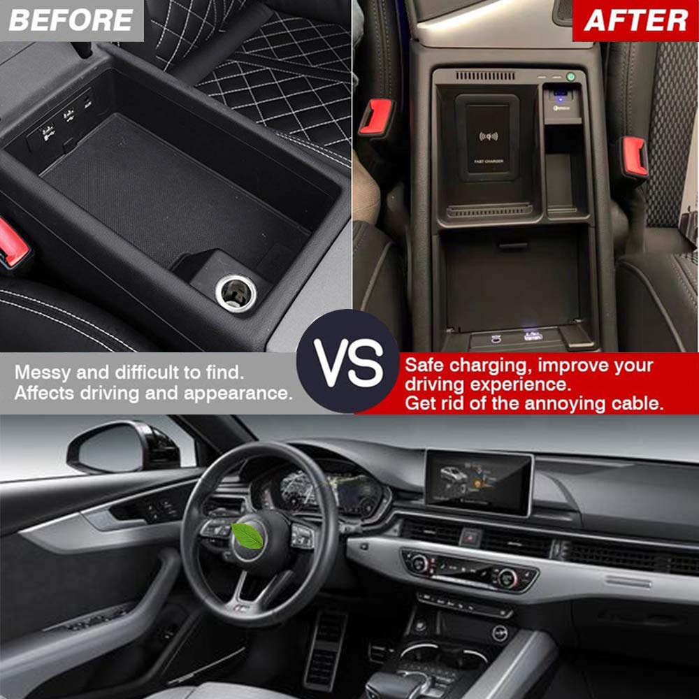 Cargador Inalámbrico Coche para Audi A4 A5 S4 S5 2017-2021 Panel de Accesorios de la Consola Central, 10W Carga Rápida Teléfono de Caja de Almacenamiento de Inserción para iPhone Samsung