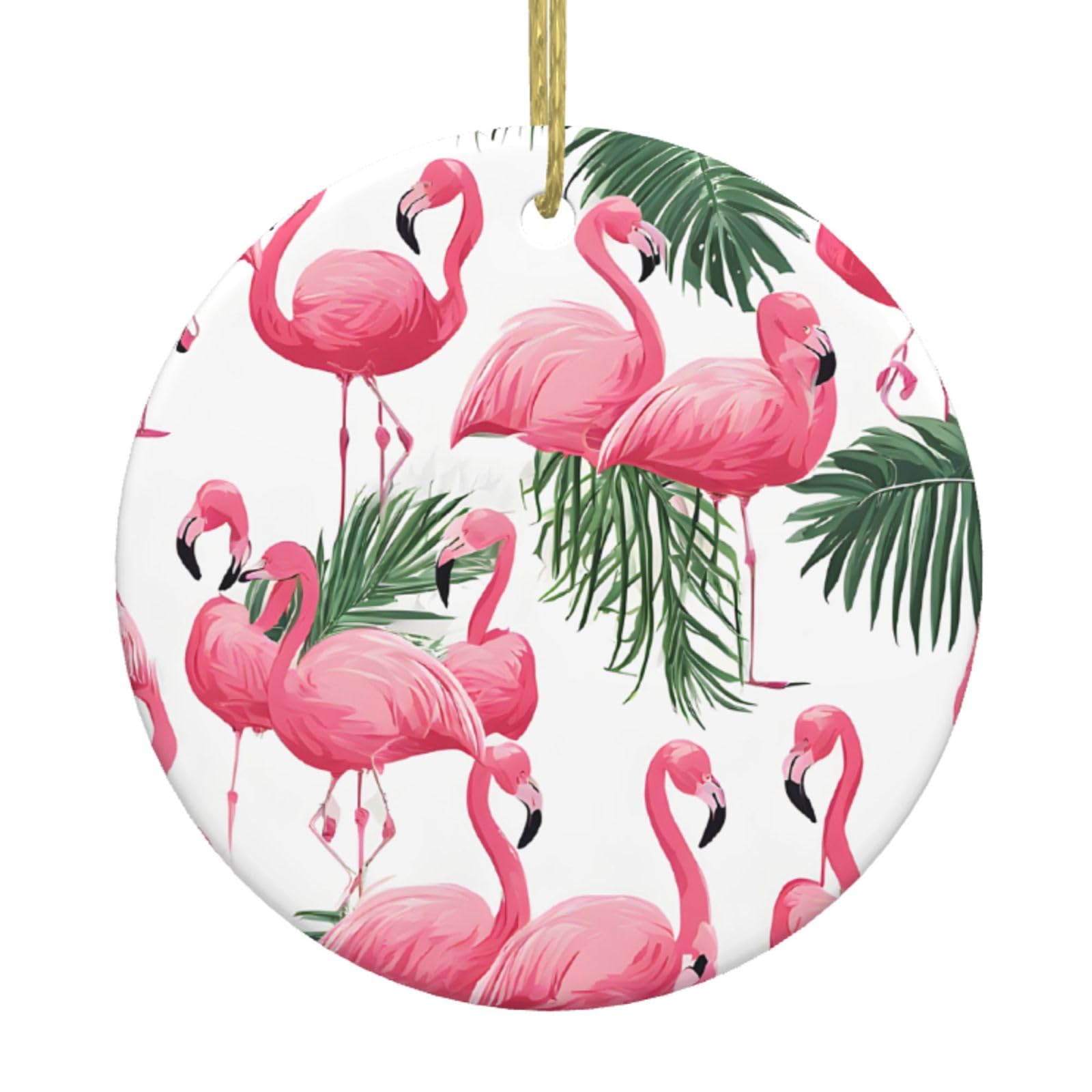 (Flamingo Flowers) Christmas Tree Ceramic Hanging Round Pendant Xmas Tree Hanging Ornament For Home Holiday Party Decorations