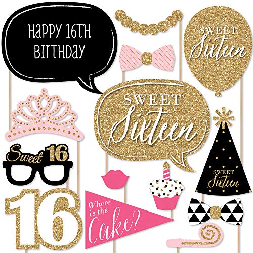 Big Dot of Happiness Chic 16th Birthday - Pink, Black and Gold Photo Booth Props Kit 20 Count