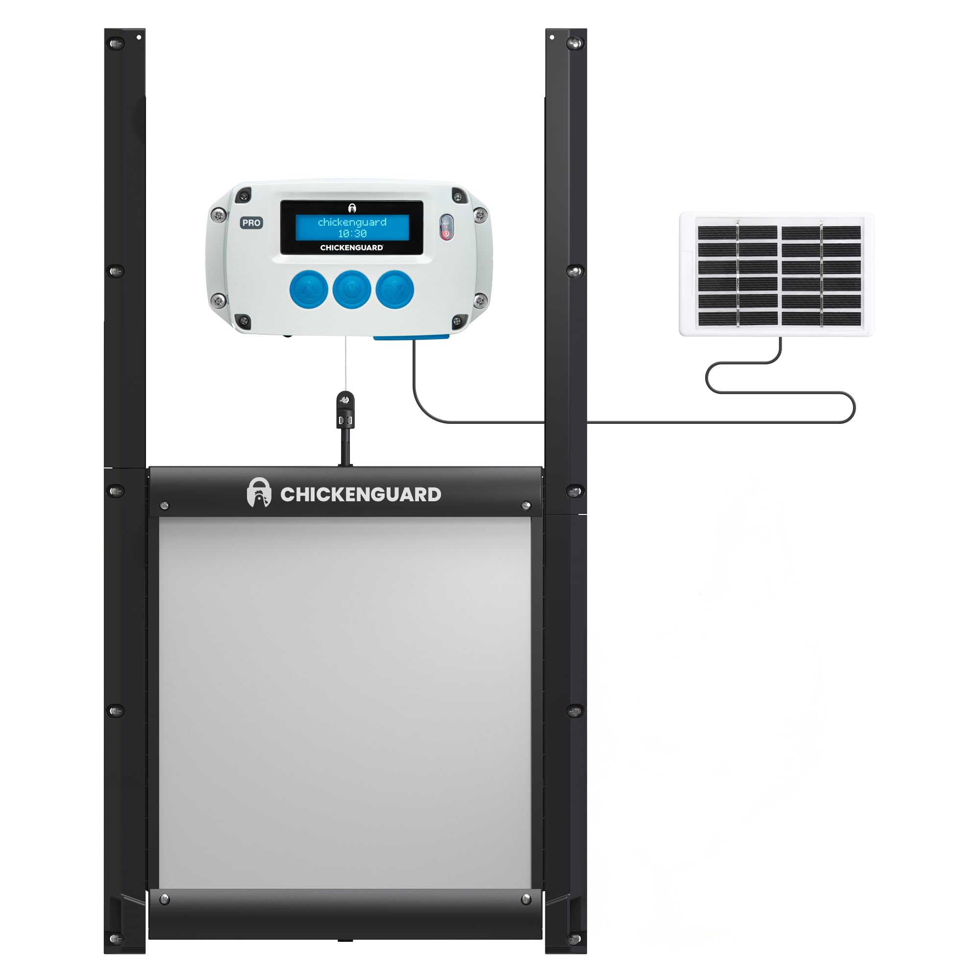Automatyczne otwieranie drzwi kurnika, timer/czujnik światła ChickenGuard "PRO Solar Combi", zestaw paneli słonecznych w zestawie oraz samoblokujące się drzwi aluminiowe przeciw drapieżnikom