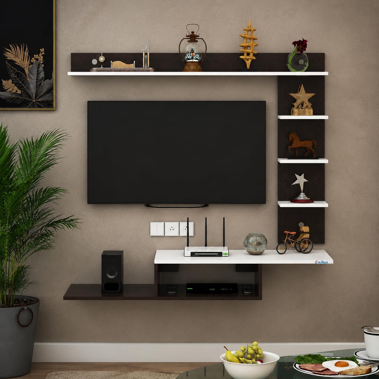 New C Shape TV Unit | Walnut | MDF Engineered Wood Entertainment Center, Storage Cabinet with Shelves, Modern TV Stand for Home-image-13