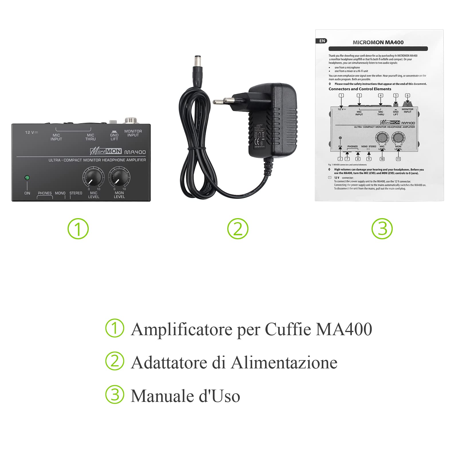 LiNKFOR MA400 Amplificatore per Cuffie con Controllo Volume Amplificatore per Cuffie Ultracompatto per Microfono XLR con 12V Potenza Omologata Preamplificatore per Cuffie per Applicazioni in Studio